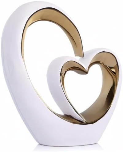 White Gold Ceramic Heart Statues - Abstract Home Sculptures for Bedroom, Wedding, Valentine Decor & Gifts for Women (Loving Hearts - Circular)