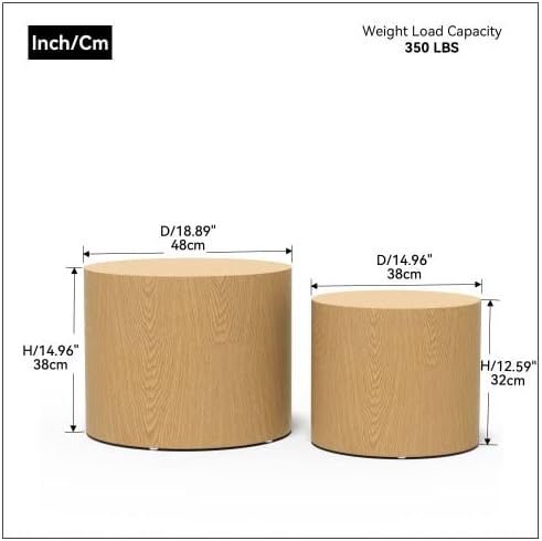 Small Round Coffee Table Nesting End Table Set of 2, Wood Side Circle Accent Tables for Small Spaces Living Room Bedroom Balcony Office, Oak