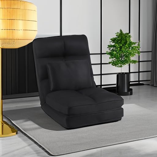 Floor Chair with Back Support for Adults Adjustable 14 Positions Video Game Chairs Foldable Floor Lounger with Pillow 8823(Black)