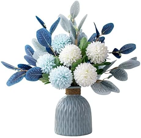 Artificial Flowers and Vases,Fake Hydrangea with Eucalyptus Bouquet Combination, Realistic Dining Table, Living Room Home Decoration (Blue)