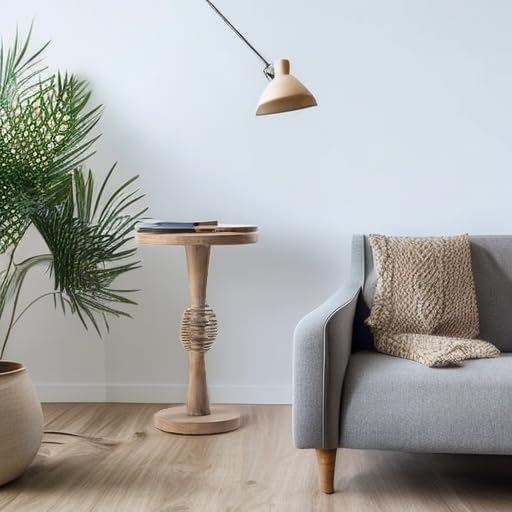 Pedestal Small Drinking Table, Farmhouse Tray Top End Table, Distressed Finish, Wood Color
