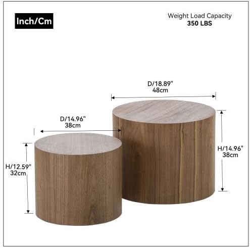 Small Coffee Table Nesting End Table Set of 2, Round Coffee Table Wood Side Table Circle Accent Tables for Small Spaces Living Room Bedroom Balcony Office, Walnut