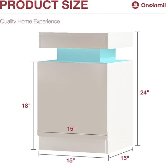 oneinmil Nightstand Set of 2 with LED Lights, Night Stand with Storage Cabinet for Bedroom, Bedside Table with LED, White