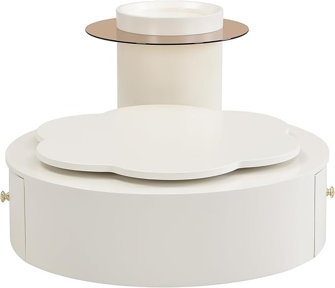 27.5" Modern Round Swivel Coffee Table Set of 2, 360° Rotating Flower-Shaped Center Table with 2 Drawers & Side Tables,MDF Frame Glass Top End Tables for Living Room,Milky White