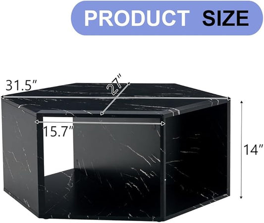 Modern Faux Marble Coffee Table with Storage, Geometric Living Room Table, Black Hexagon Tabletop with Compartments for Books, Decor & Drinks