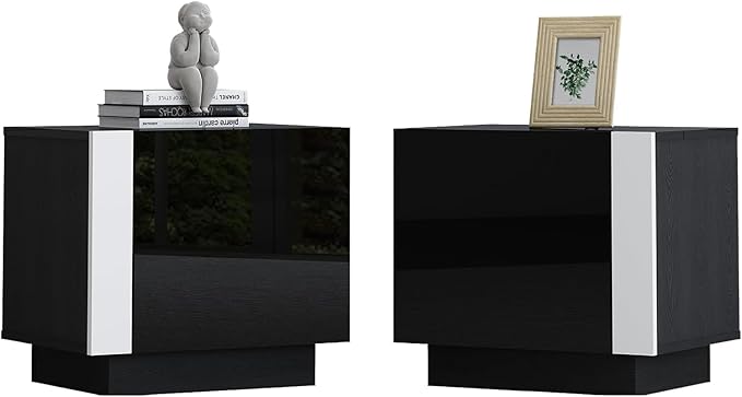 AMERLIFE 2PCS Entertainment Center Side Table Set with Storage, Modern High Gloss End Tables with 2 Cabinet Doors, for Living Room/Bedroom/Office
