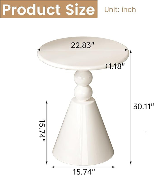 23" Round Side Table, Modern French Style End Table with Pedestal Base, Small Accent Table for Living Room, Bedroom, or Sofa Side, Cream White