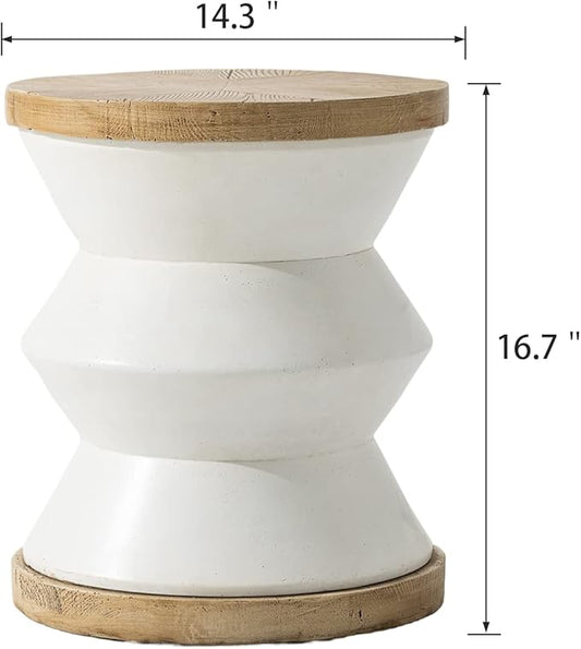 SUNBURY Outdoor Side Table White, Concrete Side Table Accent Table 14" W, Patio Round Drum Table, Plant Stand Garden Stool End Table for Outside, Deck, Poolside