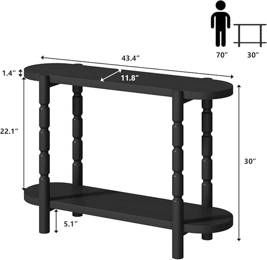 Farmhouse Entryway Table with Storage-43.4" Narrow Console Table with Solid Wood Legs, 2 Tiers Rounded Corners Sofa Tables for Living Room,Hallway, Entrance, Foyer, Black