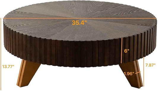 Round Coffee Table, 35.4" Vintage Handcraft Relief Drum Coffee Table Circle Wood Side Table End Table Accent Center Table Home Decor Table for Living Room Bedroom Apartment, Brown