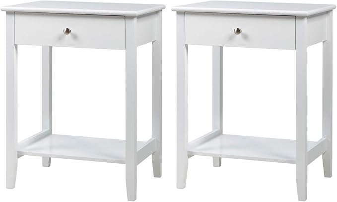 Giantex Nightstand Wooden 2-Tier Couch Sofa Side Table with Drawer, Storage Shelf, Solid Wood Legs,Mufti-Functional Home Furniture for Living Room Bedroom Study Room End Table (2, White)
