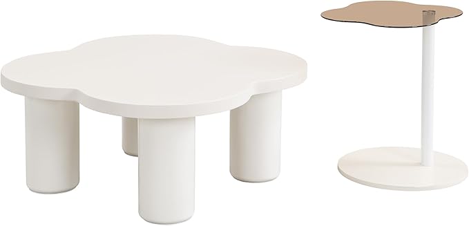 Modern Coffee Table Set of 2, Irregular Petal-Shaped Center Table with Roman Column Legs,Glass Top and Solid Surface,End Tables for Living Room, Easy Assembly Contemporary Home Decor,White