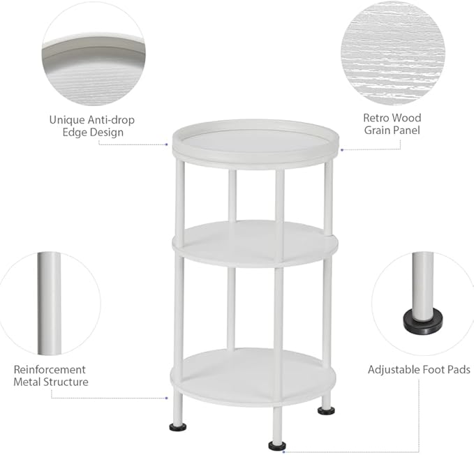 Small White Side Table, Round End Table with Wood Grain Texture, 3-Tier Farmhouse Nightstand for Bedroom & Living Room, 21.7" H Cute Accent Table for Nursery, Bathroom, Small Spaces (Classic, White)