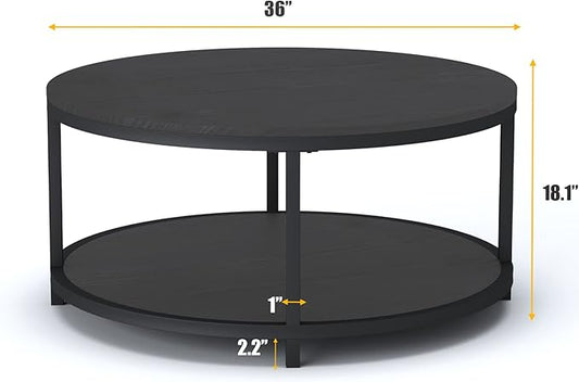 NSdirect Round Coffee Table, 36" Rustic Wooden Surface Top & Sturdy Metal Legs Industrial Sofa Table for Living Room Modern Design Home Furniture with Storage Open Shelf (Black Oak)