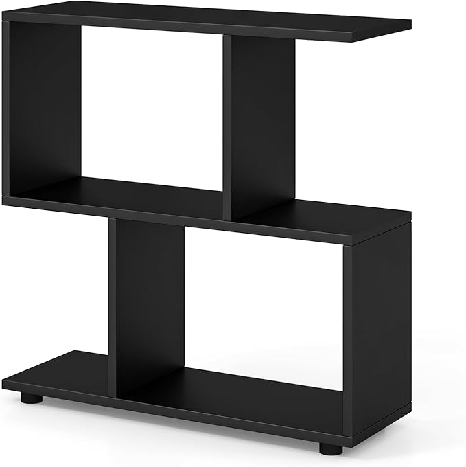 Giantex 3-Tier Geometric Bookshelf, 24" Tall Wood S-Shaped Display Shelves with Thick Foot Pads, Freestanding Open Shelves Nightstand, Floor Standing Display Shelf Bookcase, Black