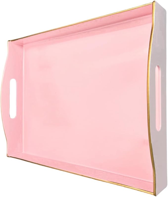Pink Serving Tray with Handles, Plastic Decorative Tray for Coffee Table, Ottoman - Ideal for Living Room & Bathroom. 15” x 11” x 2.5”