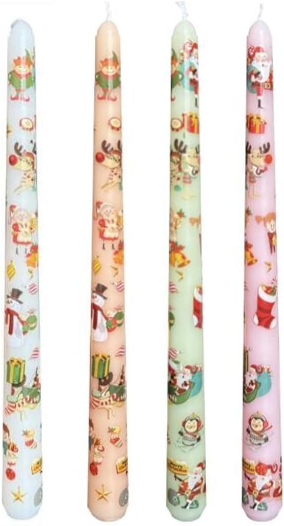 10 Inch Christmas Taper Candles with Elegant Patterns - Smokeless Dripless Long-Lasting Holiday Dinner Candles for Table, Party, Winter Centerpieces, Gift Giving (4-Pack)