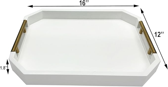Serving Tray with Polished Metal Handles, Hexagon Coffee Table Tray, Modern Rectangle Decorative Tray, Large Ottoman Tray, Perfect for Storage and Display (White Rectangle)