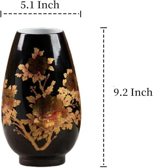 9 Inch Glossy Vintage Ceramic Vase with Floral Design, Flower Vases for Dining Table & Wedding Centerpiece, Handcrafted Home Decor, Boho Decoration for Living Room,Office, Entryway,Pampas Grass(Black)