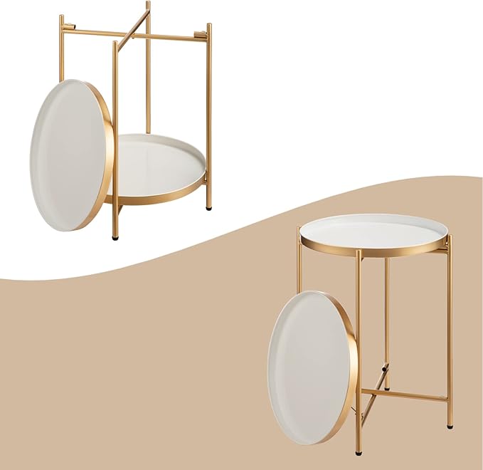 HollyHOME 2-Tier Round Gold Side Table, Outdoor Small Folding Accent Stand with Removable Tray, Anti-Rust Metal Asional Table for Balcony Patio Living Room, Nightstand for Bedroom(Gold&White)