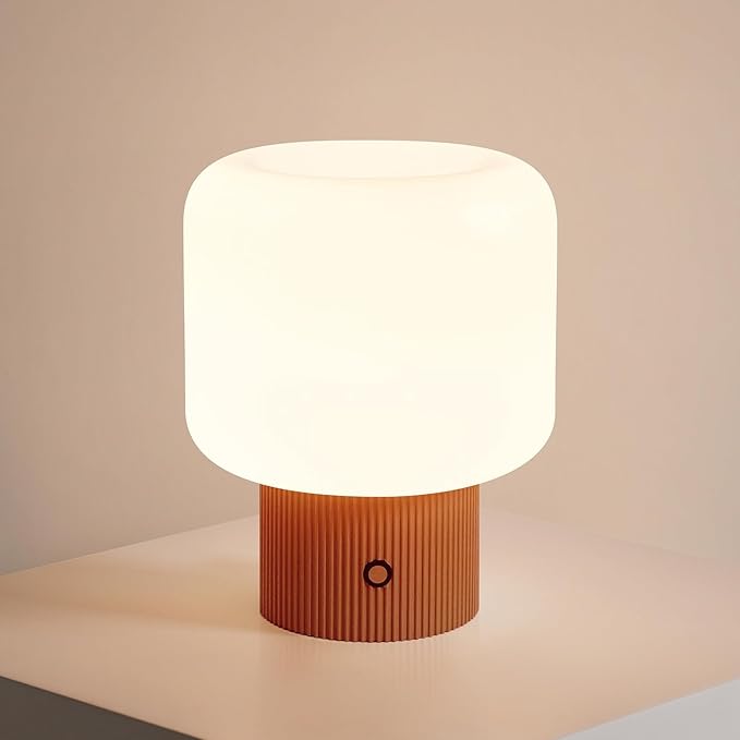 Halo Mushroom Lamp, 5W Cute Cordless Rechargeable Table Lamp with Glass Shade, 3-Color Dimmable Small Retro Touch Bedside Lamp for Bedroom Ambient Decor (Orange)