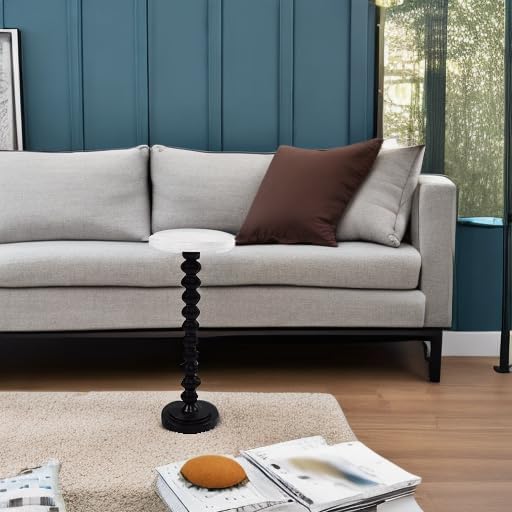 COZAYH Small Pedestal End Table, Living Room Accent Side Table Display Stand, Drink Table with Wood Top & Distressed Metal Spindle Base, White & Black