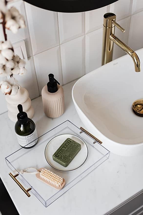 12"x12" Clear Acrylic Serving Tray with Golden Handles, Sturdy Huge Capacity Acrylic Trays for Coffee, Juice, Kitchen and Desk Organizer, Storage Tray (12"x12")