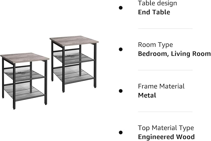 VASAGLE Nightstand, Set of 2 Side Tables, End Tables with Adjustable Mesh Shelves, for Living Room, Bedroom, Industrial, Stable Steel Frame, Easy Assembly, Greige and Black ULET024B02