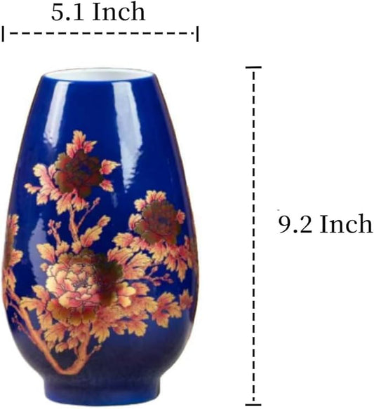 9 Inch Glossy Vintage Ceramic Vase with Floral Design, Flower Vases for Dining Table & Wedding Centerpiece, Handcrafted Home Decor, Boho Decoration for Living Room, Office, Entryway,Pampas Grass(Blue)