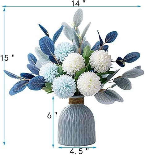 Artificial Flowers and Vases,Fake Hydrangea with Eucalyptus Bouquet Combination, Realistic Dining Table, Living Room Home Decoration (Blue)