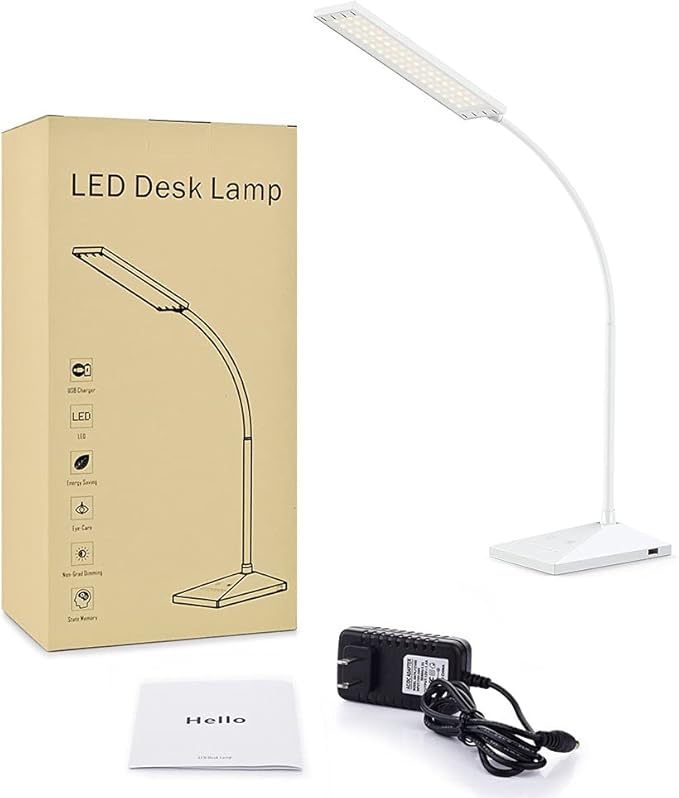 Vansuny LED Desk Lamp with USB Charging Port, Eye-Caring, 5 Color Modes,6 Brightness Levels, Touch Control, Flexible Gooseneck, Memory Function for Dorm Office Work Bedroom (12W,White)