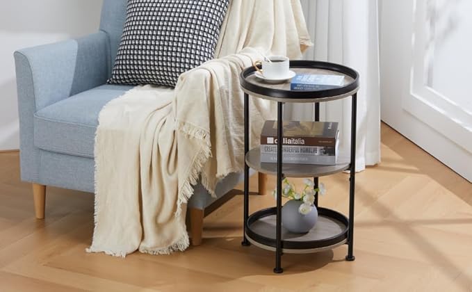 Dulcii Side Table, Round End Table with 3 Storage Shelves for Living Room, Bedroom, Nightstand with Steel Frame for Small Spaces, Industrial Round Sofa Table, Outdoor Accent Coffee Table, Oak