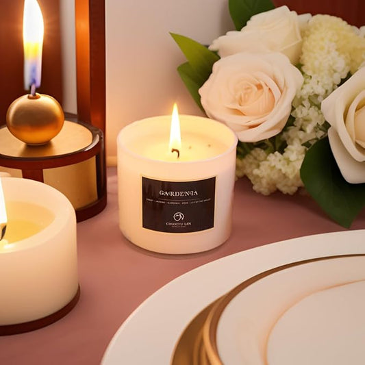 Chloefu LAN Premium Gardenia Scented Candle for Men & Women, Highly Scented, 7.1oz|45 Hour Long Lasting, All Natural Soy Candles, Home Decor, White Glass Jar Candle with Gift Box
