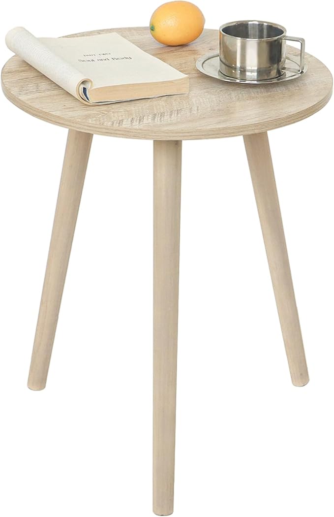 AWASEN Round Side Table, Modern Small End Table for Living Room, Wood Accent Drink Table for Small Space with Solid Wood Legs, Easy Assembly, Rustic White Oak