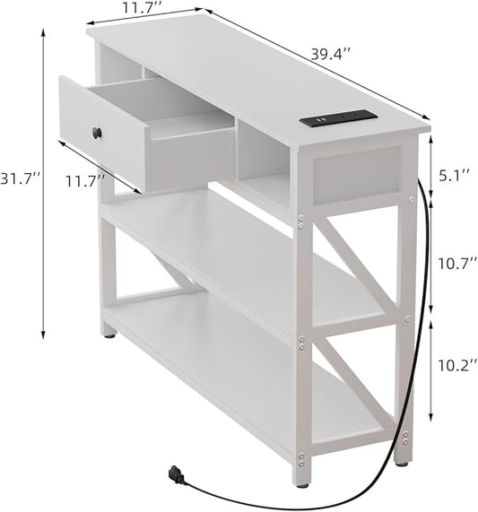 Mexin 39 Inch Console Table with 2 Outlet and 2 USB Ports, Entryway Table with Drawer and Storage Shelves, Narrow Sofa Table for Living Room and Hallway, White