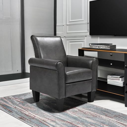 THSUPER Faux Leather Accent Chair Arm Chair, Modern Club Chair, Comfy Single Sofa for Living Room - Grey