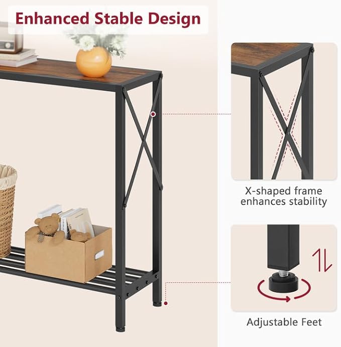 Tajsoon 2 Pack Console Table, 2 Tier Small Hallway Table, Narrow Sofa Table for Entryway with Open Shelves for Living Room, Hallway, Foyer, Office, Rustic Brown