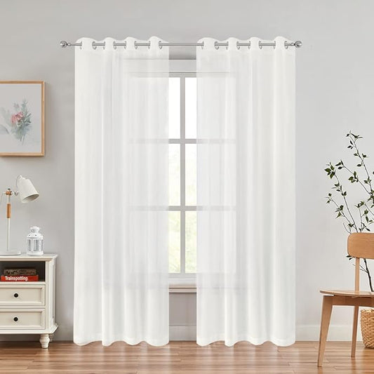 Sheer Curtains Faux Linen Semi Voile Light Filtering Drapes Pair for Bedroom Living Room, Set of 2 Grommet Top Window Curtain Panels (Each 54x108 Inch, Off White)