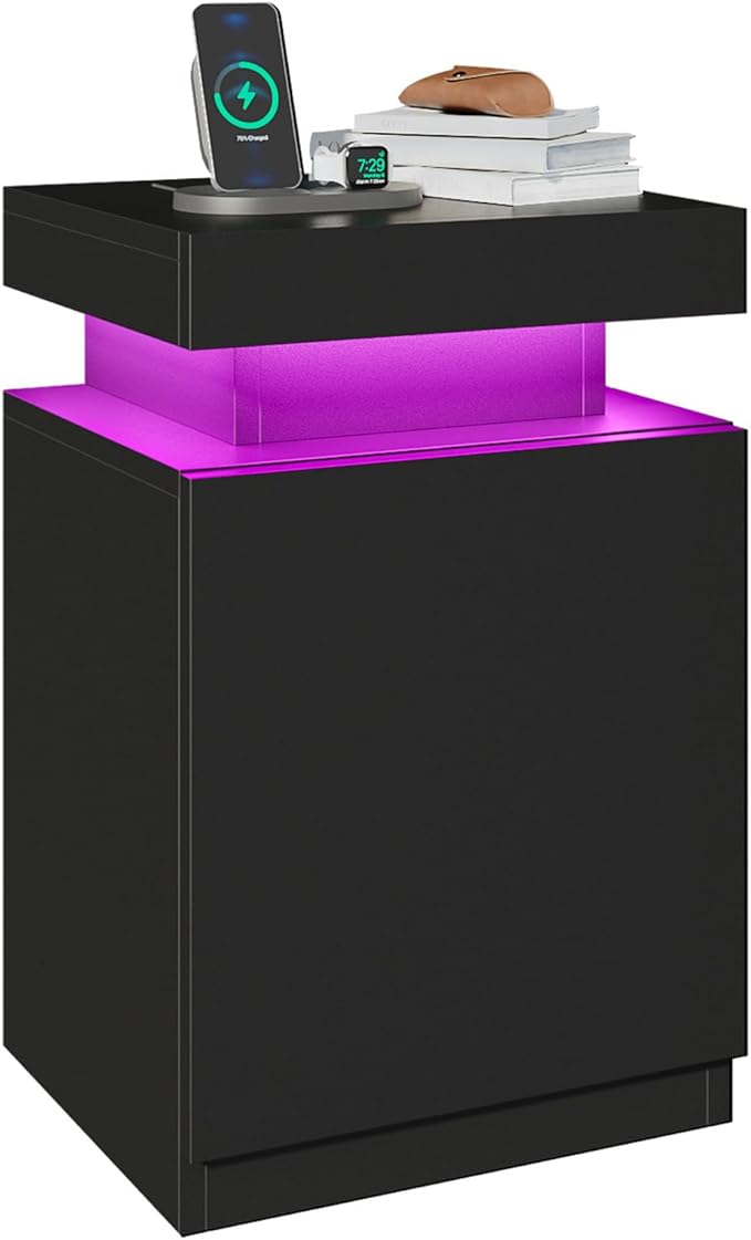 oneinmil Nightstand with Charging Station and LED Lights, Night Stand with Sliding Top Storage, Bedside Table with Drawer, Modern End Side Table for Bedroom, Black