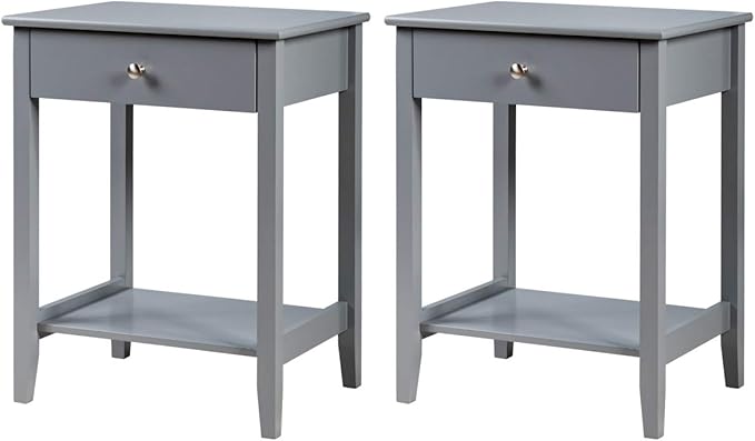 Giantex Nightstand Wooden 2-Tier Couch Sofa Side Table with Drawer, Storage Shelf, Solid Wood Legs,Mufti-Functional Home Furniture for Living Room Bedroom Study Room End Table (2, Gray)