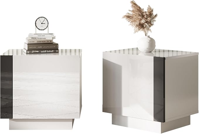 AMERLIFE 2PCS Entertainment Center Side Table Set with Storage, Modern High Gloss End Tables with 2 Cabinet Doors, for Living Room/Bedroom/Office, White/Black