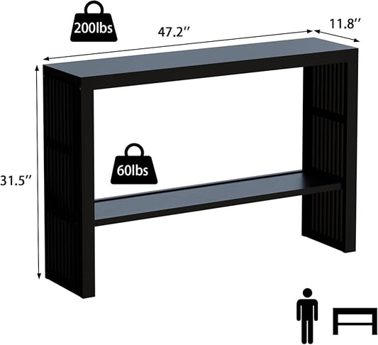 Bamboo 47.2" Narrow Console Table, 2-Tier Farmhouse Side Table, Rectangular Entryway Table, Modern Sofa Table Behind Couch with Storage Shelves for Entrance, Living Room, Hallway, Foyer (Black)