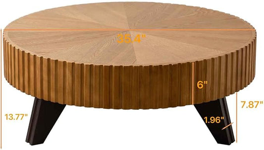 Round Coffee Table, 35.4" Vintage Handcraft Relief Drum Coffee Table Circle Wood Side Table End Table Accent Center Table Home Decor Table for Living Room Bedroom Apartment, Oak
