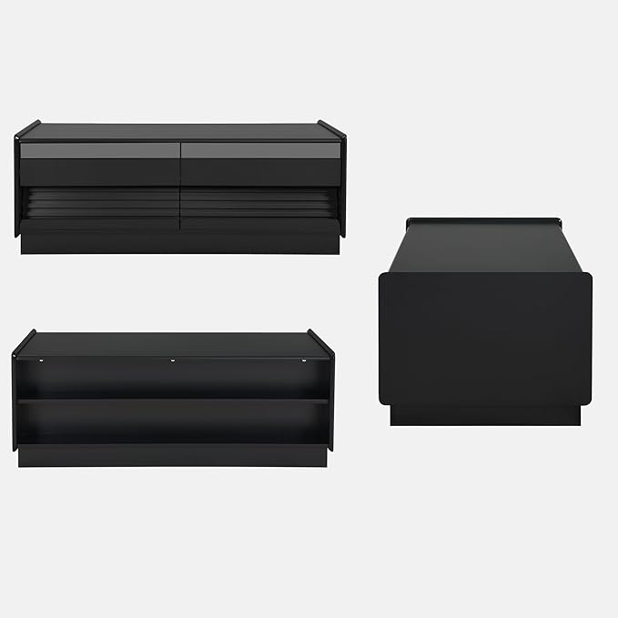 Modern Wooden Coffee Table with 4 Drawers & 2 Open Storage Shelves, 47.2-Inch Rectangular Fluted Accent Tables Center Cocktail Table for Living Room, Black