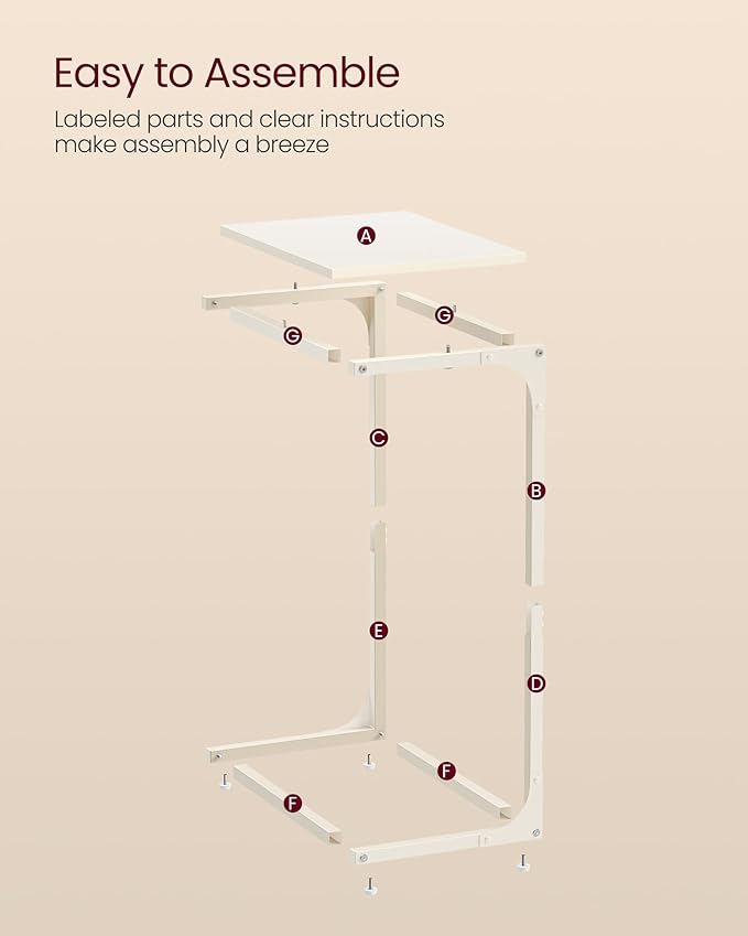 VASAGLE C-Shaped End Table, Side Table for Sofa, Couch Table with Metal Frame, Small TV Tray Table for Living Room, Bedroom, Cream White