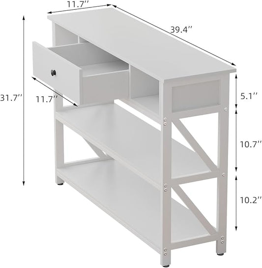 Mexin 39 Inch Console Sofa Table with Drawer, Industrial Entryway Table with Storage Shelves, Storage Organizer for Hallway Living Room Couch Foyer Kitchen Counter, White