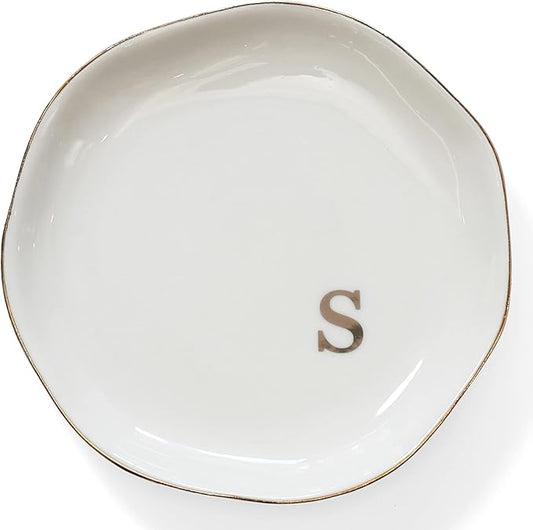HOME SMILE Initials Ring Dish Jewery Tray with Personalized S-Monogrammed Engagement Wedding Gifts for Friends,Sister,Birthday Christmas Gifts for Women,Ceramic White