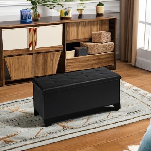 PINPLUS Folding Storage Ottoman Bench, Black Faux Leather Long Chest with Tray, Footrest Seat, Blanket Storage for Living Room Bedroom Office Hallway, 43.3"x15"x15"