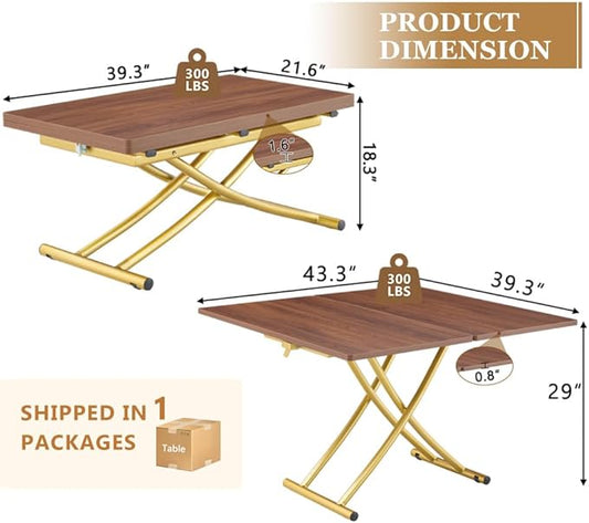 4 in 1 Folding Dining Table with Adjustable Lift Top & Wheels, Multi-Function Coffee Table to Dining Table for Apartments, Kitchens, Living Rooms, Scratch-Resistant & Easy Assembly