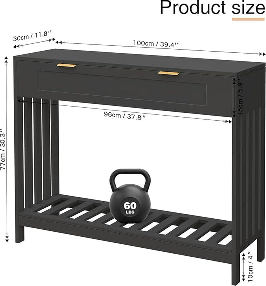 Console Table with Drawers Narrow Entry Table with Large Drawer & Open Storage Slats Shelf, Wooden Long Behind Couch Sofa Table for Living Room,Entryway, Foyer, Hallway(Black)